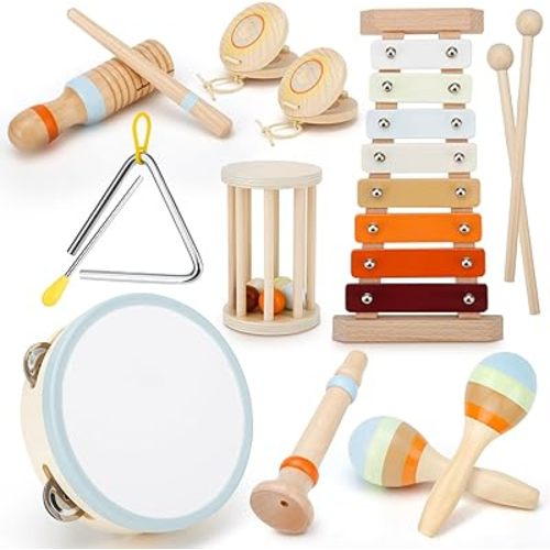 Toddler Montessori Wooden Percussion Set, Kids Orff Instruments with Xylophone Tambourine Maracas for Musical Learning Toys 3+