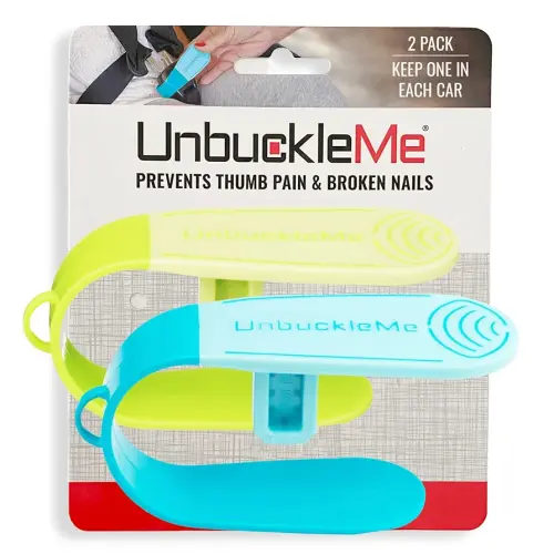 UnbuckleMe Car Seat Buckle Release Tool (As Seen on Shark Tank) - Easy Opener Aid for Arthritis, Long Nails, Older Kids - Button Pusher for Infant, Toddler Car Seats (2 Pack, Blue & Lime Green)