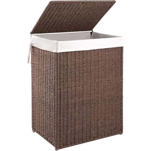 OIAHOMY Laundry Hamper with Lid, 23.8 Gal (90L) Wicker Hamper with Removable Liner Bags, Handwoven Clothes Basket with Handles, Foldable Woven Paper Rope Basket for Laundry Room, Bedroom-Brown