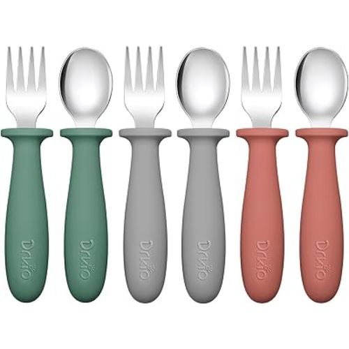 DRKIO 6 Pieces Toddler Utensils Set - Kids Silverware Set with Silicone Handle Children Safe 18/8 Stainless Steel Forks and Spoons Anti-Choke Design Food Grade Dishwasher Safe
