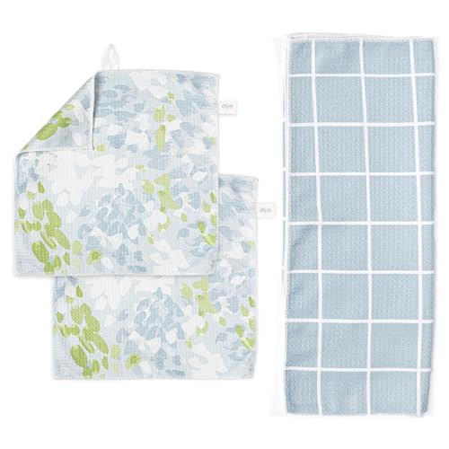ELYN Microfiber Kitchen Dish Towel & Dish Cloth Set, Quick-Dry & Absorbent Waffle Weave Cleaning Cloths, Set of One Kitchen Towel & Two Washcloths, Paper Towels Alternative (Painterly Floral & Grid)