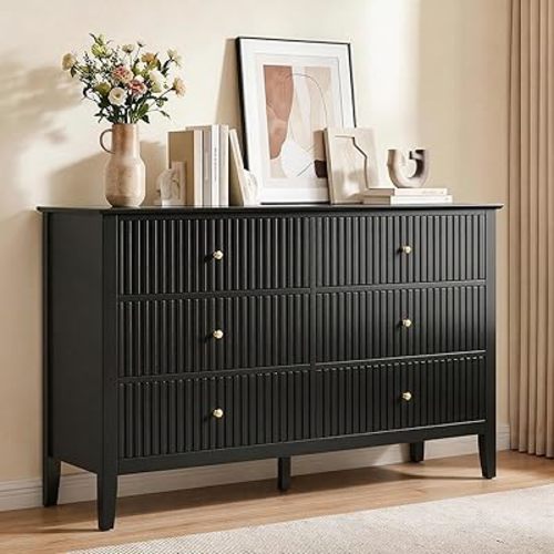 RoyalCraft Black 6 Drawer Dresser, Fluted Modern Wood Dresser, Double Chest of Drawers for Bedroom, TV Stand Storage Cabinet for Living Room