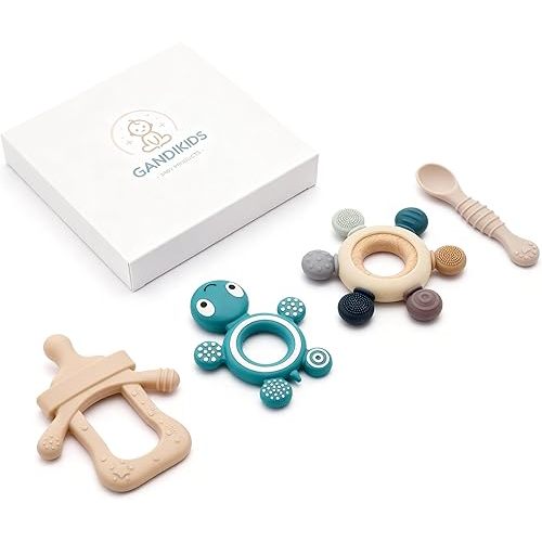 Baby Silicone Teething Ring Teether Gift Set for Boys and Girls Over 3 Months Soothes Gums Fits Small Hands Ergonomic Design Set of 4 Toys Ideal Gift Box BPA Free