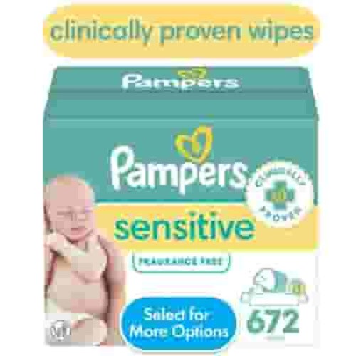 Pampers Sensitive Baby Wipes, 8-Pack, 672 Count, Dermatologist Approved, Hypoallergenic, Alcohol and Fragrance Free