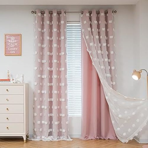 MYSKY HOME Pink Curtains for Bedroom 90 Inches Long Living Room Curtains Pom Pom Sheer Curtains for Dining Room Grommet Double Layer Nursery Curtains Toddler Room Darkening Window Panels 52 x 90 in