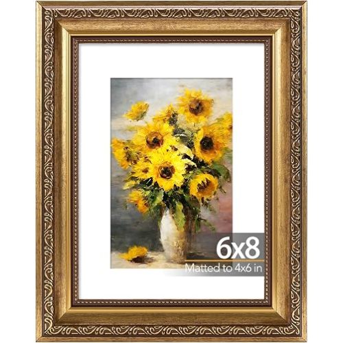 JCJMY 6x8 Vintage Picture Frame with 4x6 Mat, Elegant Retro 6 by 8 Photo Frame with Shatter-Resistant Plexiglass for Wall or Tabletop Display, Gallery Decor & Gift, Gold, 1 Pack