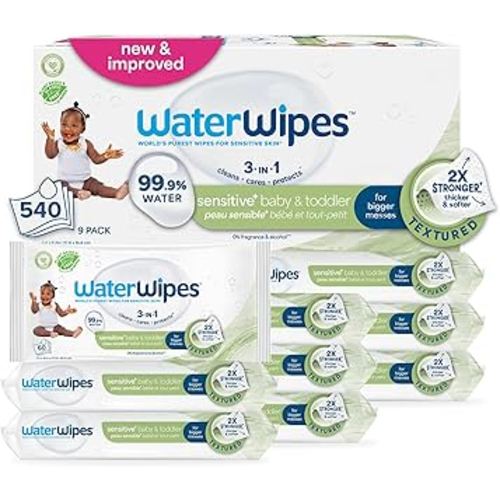 WaterWipes Sensitive+ Baby & Toddler Wipes, 3-In-1 Cleans, Cares, Protects, 99.9% Water, Textured Clean, Unscented & Hypoallergenic, 540 Count (Pack of 9)