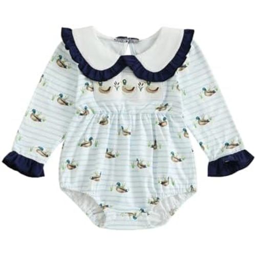 Newborn Girl Fall Outfit Mallard Duck Baby Farm Long Sleeve Doll Collar Romper Stripe Bodysuit 0-18 Months Clothes