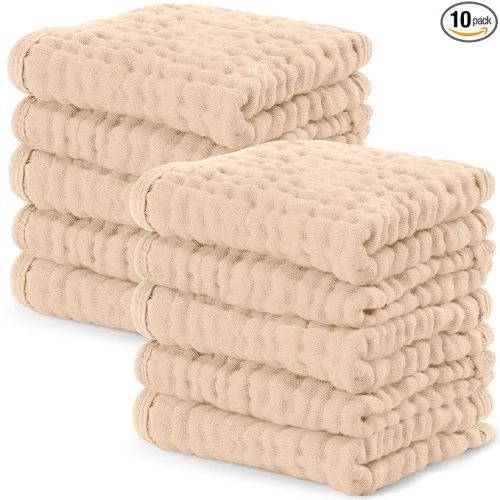 Muslin Baby Washcloths 10 Pack - Soft 6-Layer Cotton Wash Cloths for Sensitive Skin - 10"x10" Large, Gentle, Absorbent Infant Essentials for Newborn and Toddlers - Cream
