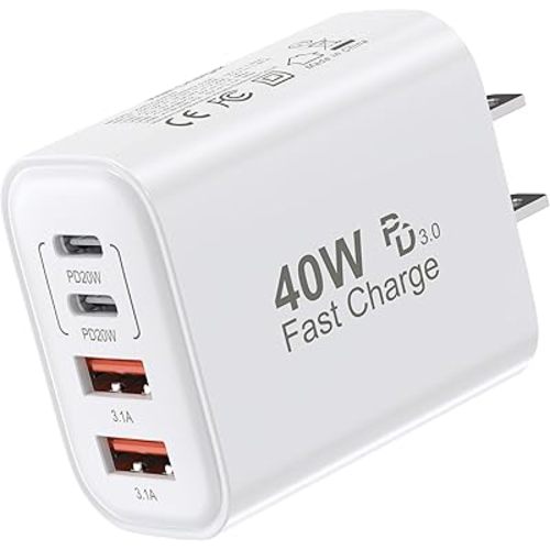 USB C Charger Block, 40W 4 Ports USB-C Wall Charger Plug Fast Charging, QC Multiport Adapter, USB A Type C Box Brick Cube Compatible with iPhone 17 16 15 14 13 12 Pro Max, & for Samsung Galaxy