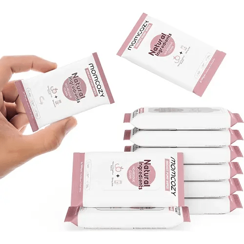 Momcozy Breast Pump Wipes for Pumping Moms On The Go, Mini Pack, 6 Count (Pack of 10), Natural Pump Parts Cleaning Wipes, Convenient & No Residue