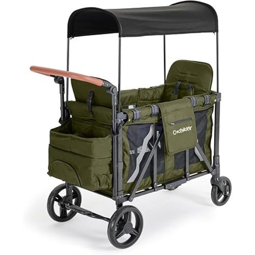 Elite 2 Seater Wagon Stroller for Kids, Foldable Stroller Wagon with Removable Seats & Canopy, 5-Point Safety Harness, Adjustable Handle, Green