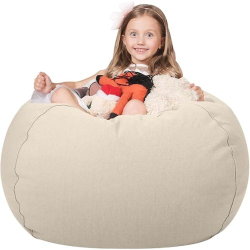 WEKAPO Stuffed Animal Storage Bean Bag Chair Cover for Kids | Stuffable Zipper Beanbag for Organizing Children Plush Toys Large Premium Cotton Canvas (Almond Oil, X-Large)