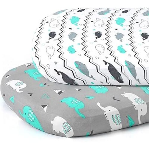 Stretch Fitted Bassinet Sheet Set BROLEX 2 Pack Cradle Sheets for Bassinet Pad/Mattress,Unisex Boys Girls,Ultra Soft,Elephant Whale