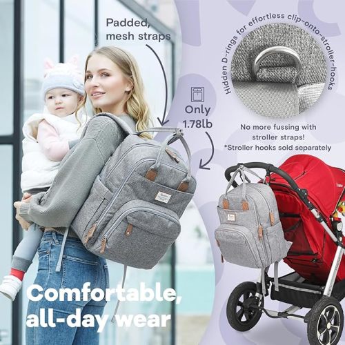 RUVALINO Diaper Bag Backpack, Multifunction Travel Pack Maternity Baby Changing Bags, Large Capacity, Waterproof, Gray