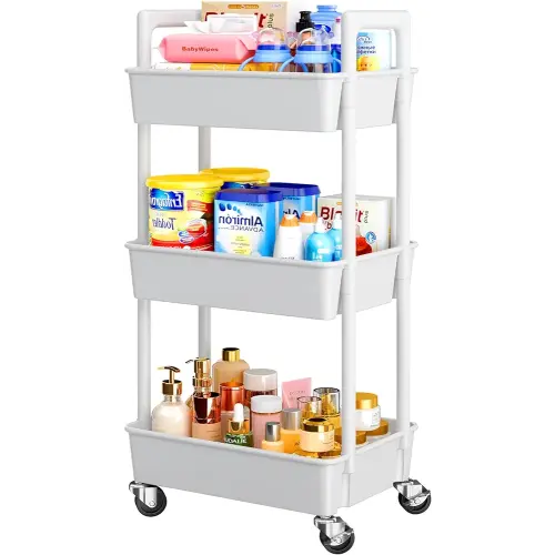 Pipishell 3 Tier Rolling Cart Organizer, Plastic Rolling Cart with Lockable Wheels & Reinforced Handle, Lightweight Utility Cart Storage Cart for Nursery, Kitchen, Bathroom, Craft Room, White, PIUC14W