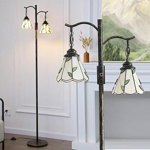 Vintage Dimmable Floor Lamp,2 Tiffany Lampshades Standing Lamp, Rustic Farmhouse Floor Lamp with Bronze Gold Finish, for Living Room Bedroom
