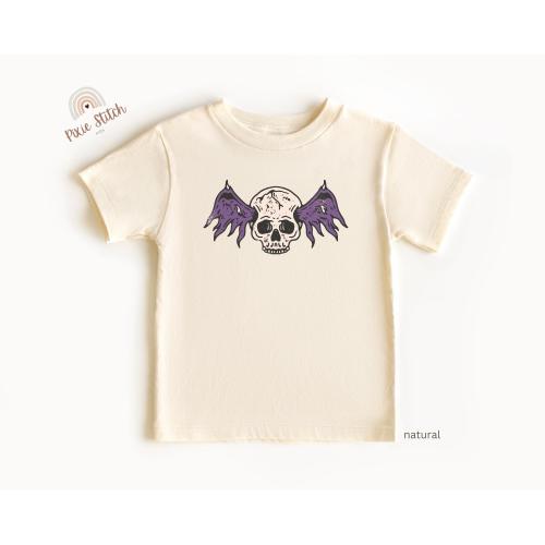 Skull and Bat Wings Toddler T-Shirt, Spooky Toddler Tee for Halloween, Gothic Punk Baby Shirt, Alt Kids Gift, Gothic Baby Shower