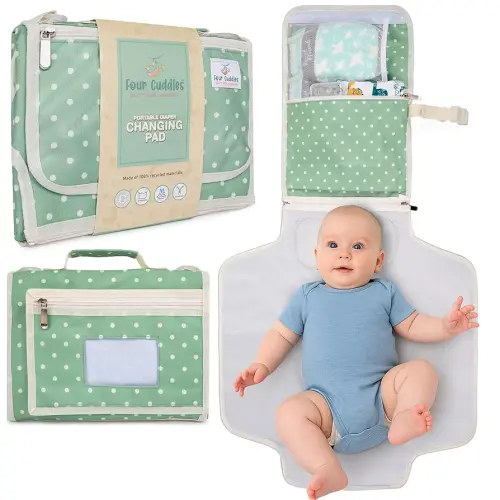 Portable Diaper Changing Pad - Newborn Essentials, Waterproof, Extra Wide & Long, Padded Foldable Wipeable Mat, Travel Bag, Baby Registry Gift, Wipes Pocket, Eco-Friendly (Green)