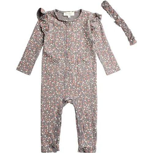 Jessica Simpson Baby Girls' Romper - Overall Jumpsuit with Hat or Headband - Long Sleeve Bodysuit for Newborns/Infants, 0-24M
