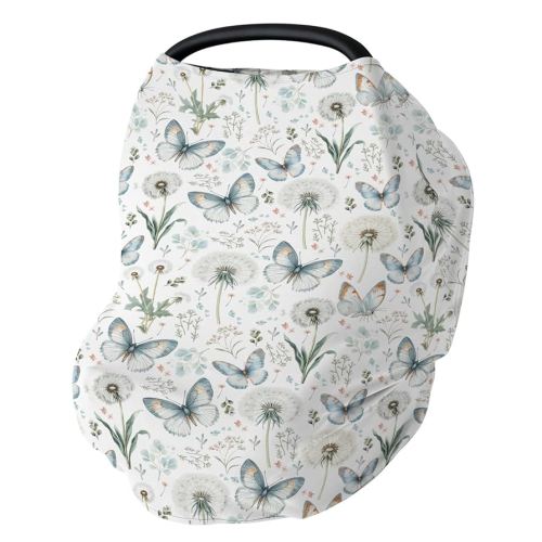 Watercolor Butterflies Floral Car Seat Cover for Baby Vintage Butterflies Spring Wildflowers Stretchy 5-in-1 Covers Adjustable Infant Carseat Cover Canopy Boho Flowers Breathable Nursing Cover-Up