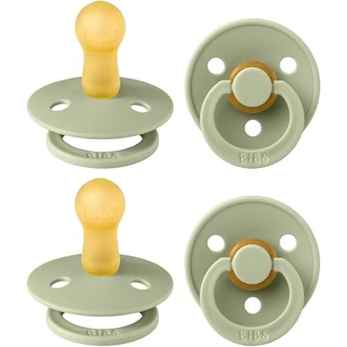 BIBS Colour Pacifier 4-Pack, BPA Free Dummy Pacifier, Round Nipple. Natural Rubber Latex, Made in Denmark, Size 2 (6-18 Months), Sage