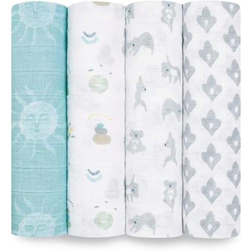 aden + anais Boutique Muslin Swaddle Blanket for Baby Girls and Boys, Newborn Receiving Blanket for Swaddling, 100% Muslin Cotton Swaddle Wrap, 4 Pack, Now + Zen