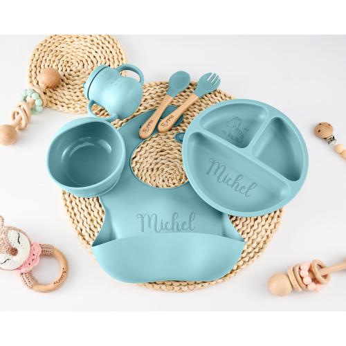 Eco-Friendly Silicone Weaning Set with Engraved Name, Unique Blue Bib & Plate for Toddlers, BPA-Free Feeding Kit, Ideal Baby Shower Gift