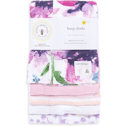 Burts Bees Baby Infant Burp Cloths, 100% Organic Cotton Extra Absorbent Soft Fabric Drool Cloths, 5-Pack Newborn Must-Have Essential Large Burping Cloths, One Size 17 x 11.75 Inches - Watercolor Daylily