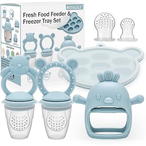 Baby Silicone Fruit Food Feeder Pacifier & Breastmilk Popsicle Freezer Molds,BPA Free Baby Food Storage Containers Frozen Ice Tray for Baby Feeding Safely, Infant Fruit Teething Toy (Blue)