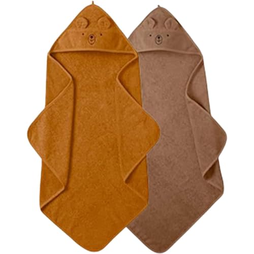 Baby Hooded Towels – Organic Cotton Baby Bath Towels – Baby Towels, Baby Bath Towels for Baby Boy, Baby Girl, Large 32" x 32" Super-Soft and Absorbent Baby Towels 2-Pack (Bear Natural/Autum Yellow)