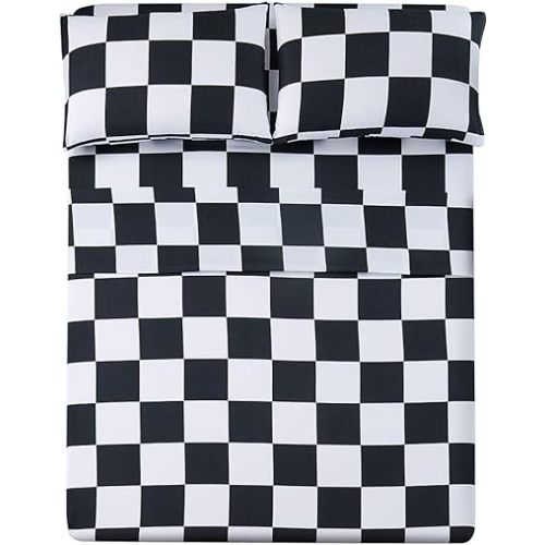 Bed Sheet Set 3 Pieces -Twin Size-Soft Durable Microfiber Bedding Sheet Set,Deep Pocket,Stain,Fade & Wrinkle Resistant (Plaid Black&White)