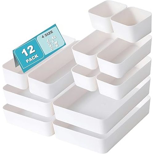 12 PCS Drawer Organizers Set, Makeup and Vanity Drawer Organizer, Bathroom and Kitchen Drawer Cabinet Organizer Trays, Storage Bins for Makeup, Jewelry, Utensils and Gadgets