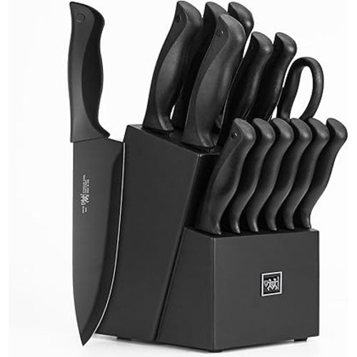 Knife Set, HUNTER.DUAL 15 Pcs Kitchen Knife Set with Block Self Sharpening, Dishwasher Safe, Anti-slip Handle, Black
