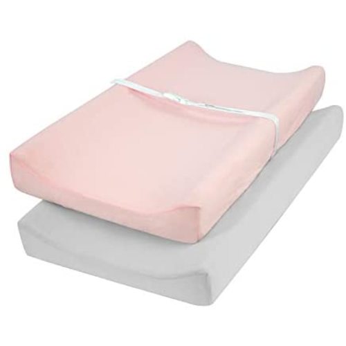TILLYOU Jersey Knit Ultra Soft Changing Pad Cover Set, Unisex Diaper Change Table Sheets for Baby Boys Girls, Fit 32"/34''x16" Contoured Pad, Comfy Cozy 2-Pack Cradle Sheets, Peachy Pink & Lt Gray