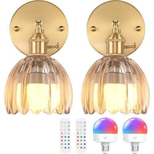 Shenmoyl Vintage Battery Operated Wall Sconce with Amber Tulip Glass Lampshade Rechargeable Battery Powered Wall Light with Remote Control for Bedside Bedroom Doorway, Set of 2