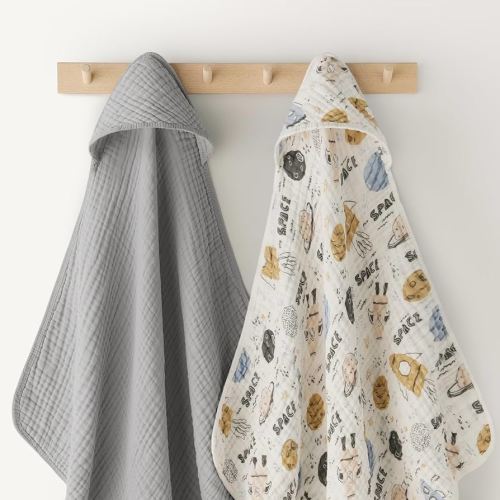 Looxii Baby Bath Towels 2 Pack Muslin Hooded Baby Towels for Newborn and Infants, 100% Cotton, Large 32x32Inch, Soft and Absorbent Grey+Space