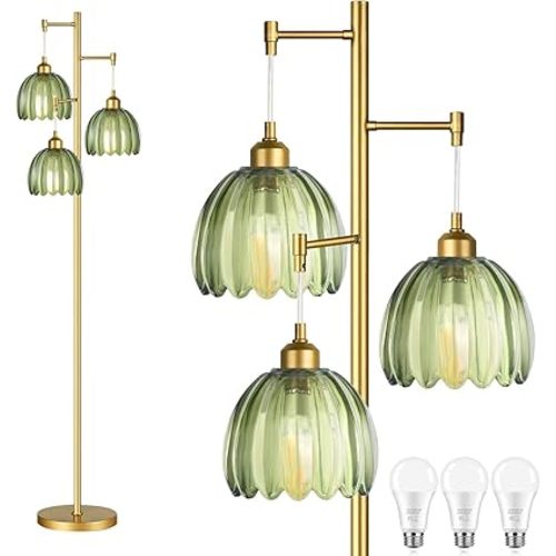 Gold Floor Lamp for Living Room,Bedroom,Mid Century Modern Standing Lamp Brass Tree 3 Light Tall Floor Lamps Vintage Retro Floor Lights Glass Green Flower Lamp Shade Farmhouse Boho Bohemian