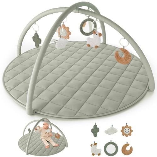 Baby Play Gym & Tummy Time Mat - Soft Cotton Mat with 6 Toys for Boys/Girls - Stylish Activity Playmat for Infant Development & Playroom Decor