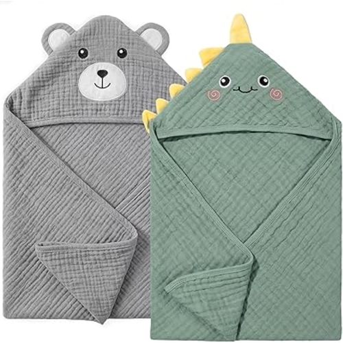 CandyHome 4 Pack Muslin Baby Towels for Newborn Set, 100% Cotton 2 Hooded Baby Bath Towels 32x32" with 2 Washcloths 10x10", Super Soft Absorbent Infant Toddler Bath Essentials Gifts, Dinosaur & Bear