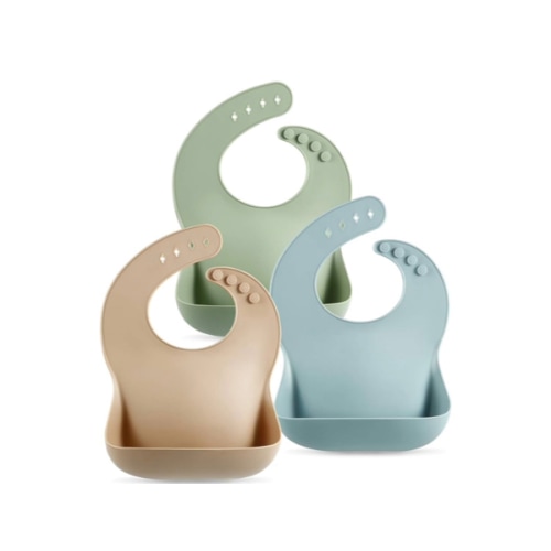 PandaEar Set of 3 Silicone Baby Bibs Waterproof, Soft, Unisex, 10-72 Months (Brown/Blue/Green)