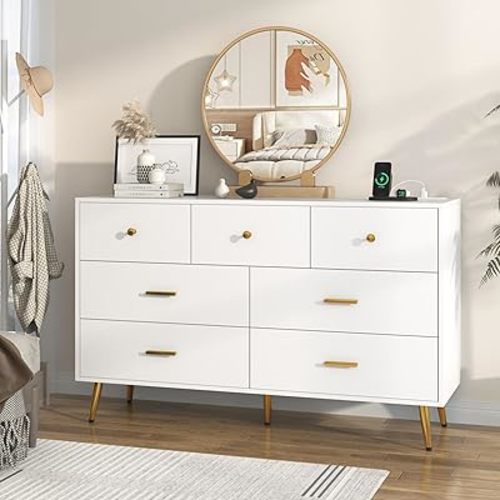 7 Drawer Dresser for Bedroom, 55” Long Dresser with Charging Station, Modern Chest of Wide Drawers with Gold Handles & Storage Pocket, Wood Dresser for Kids Bedroom, Hallway, White