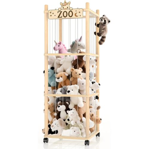 Stuffed Animal Storage Organizer,56In Wooden Kids Zoo Stuffed Animal Holder Cute Toy Storage Cage with Elastic Band,Extra Large Plushies Storage Organizers for Playroom Bedroom Nursery Toddler Rooms