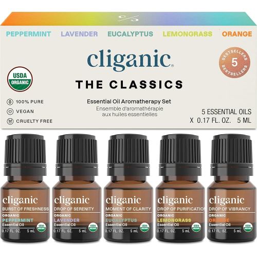 Cliganic Organic Essential Oils Set (Top 5 - The Classics) - 100% Pure Natural - Aromatherapy, Candle Making - Peppermint, Lavender, Eucalyptus, Lemongrass & Orange (Packaging May Vary)