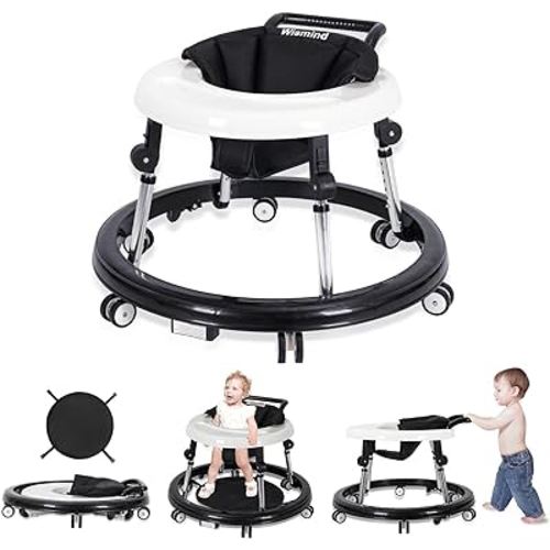 Baby Walker Foldable with 9 Adjustable Heights, Baby Walkers and Activity Center for Boys Girls Babies 7-18 Months, Baby Walker with Wheels Portable