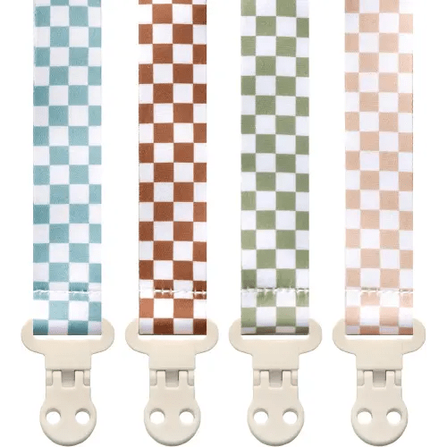 Baby Pacifier Clip Holder - Girl or Boy Unisex 4 Pack Gift Set – Neutral Modern Retro Checker Green Blue Brown Beige