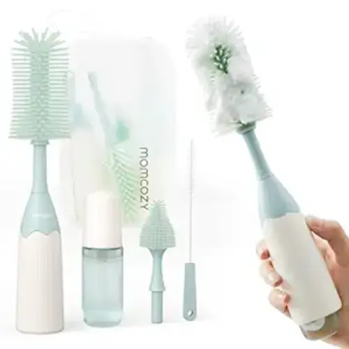 Momcozy Bottle Brush Kit, Innovative Push-Press Design for Better Cleaning - Baby Bottle Cleaner Brush for Baby Bottle, Breast Pumps, Nipples, and More - Can Generate Foam for Better Cleaning, Green - Press Bubble Style
