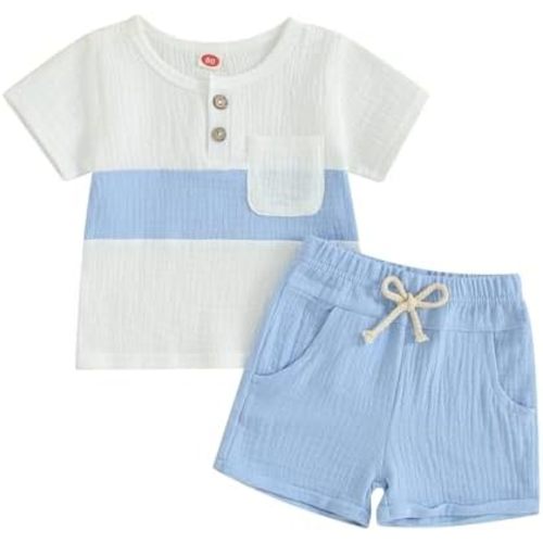 Kupretty Baby Boy Summer Clothes Toddler Outfit Linen Short Sleeve Button T-Shirt Tees + Shorts Infant Clothing Set