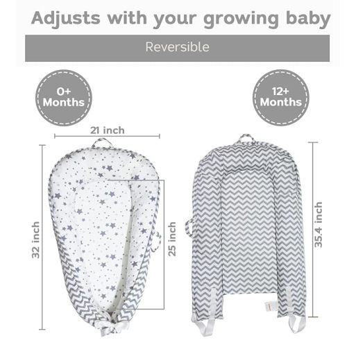 Baby Nest, Baby Lounger, Organic Cotton Lounger for Baby, Reversible Breathable Adjustable Portable - Star Collection (Gray)