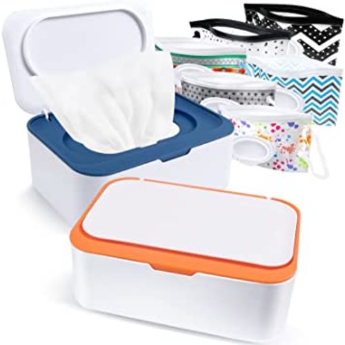 8Pcs Baby Wipes Dispenser, Reusable Baby Wipe Holder Box and Portable Wet Wipes Pouch, Refillable Wipes Pouch Case Container with Lid for Bathroom Baby Nursery Kitchen Office Travel (Blue+Orange)